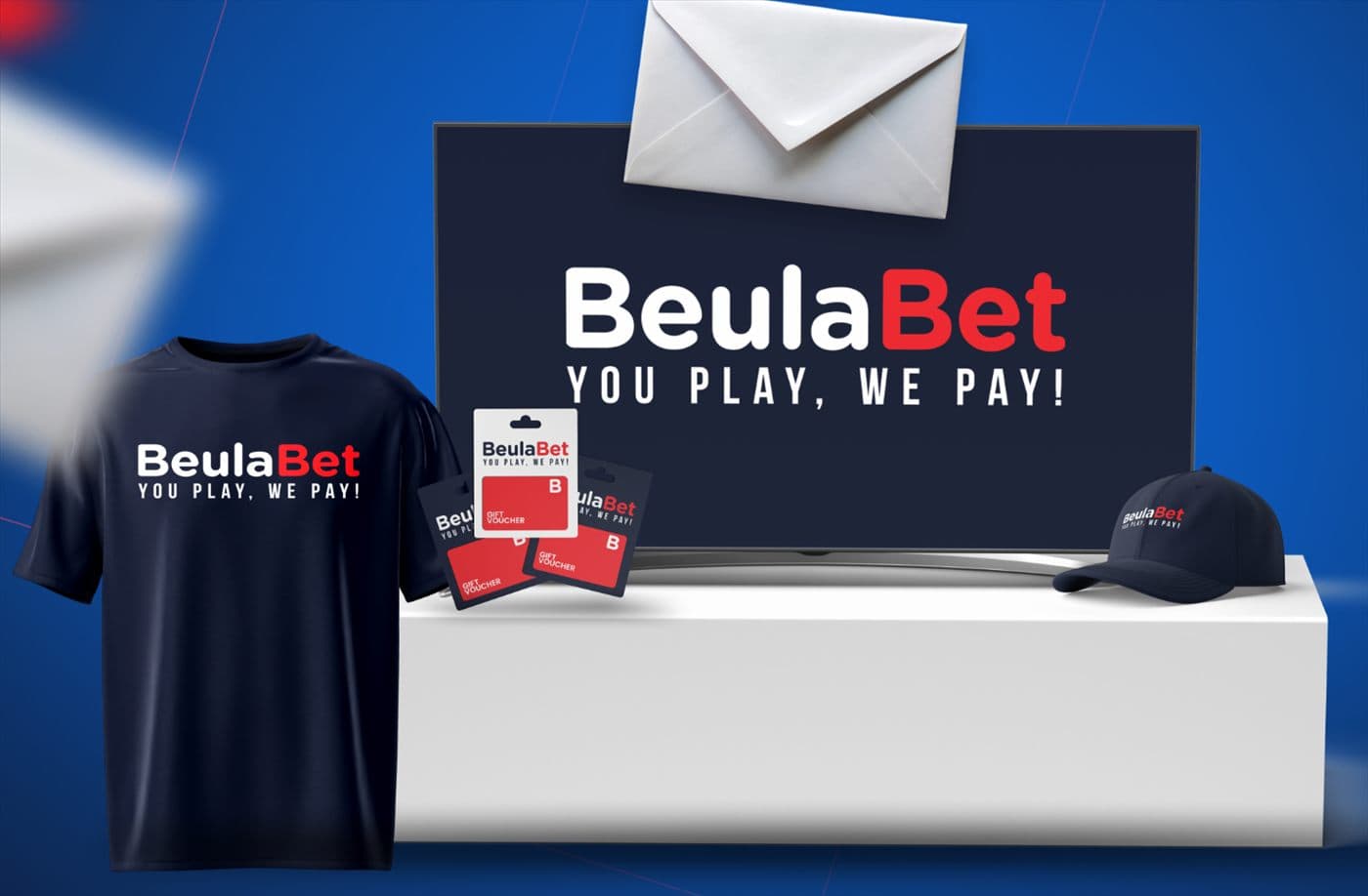 A sealed Beula Champions envelope in front of the campaign prizes.